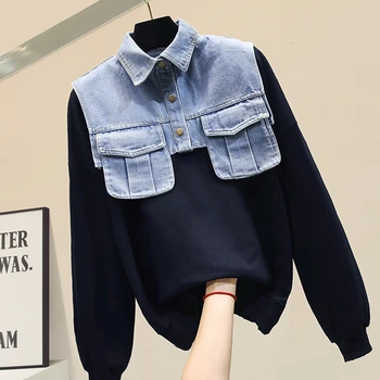 

Denim patchwork fake two pieces hoodies women sweatshirt loose bf lazy hoodie 2019 autumn new arrival modis long sleeve tops