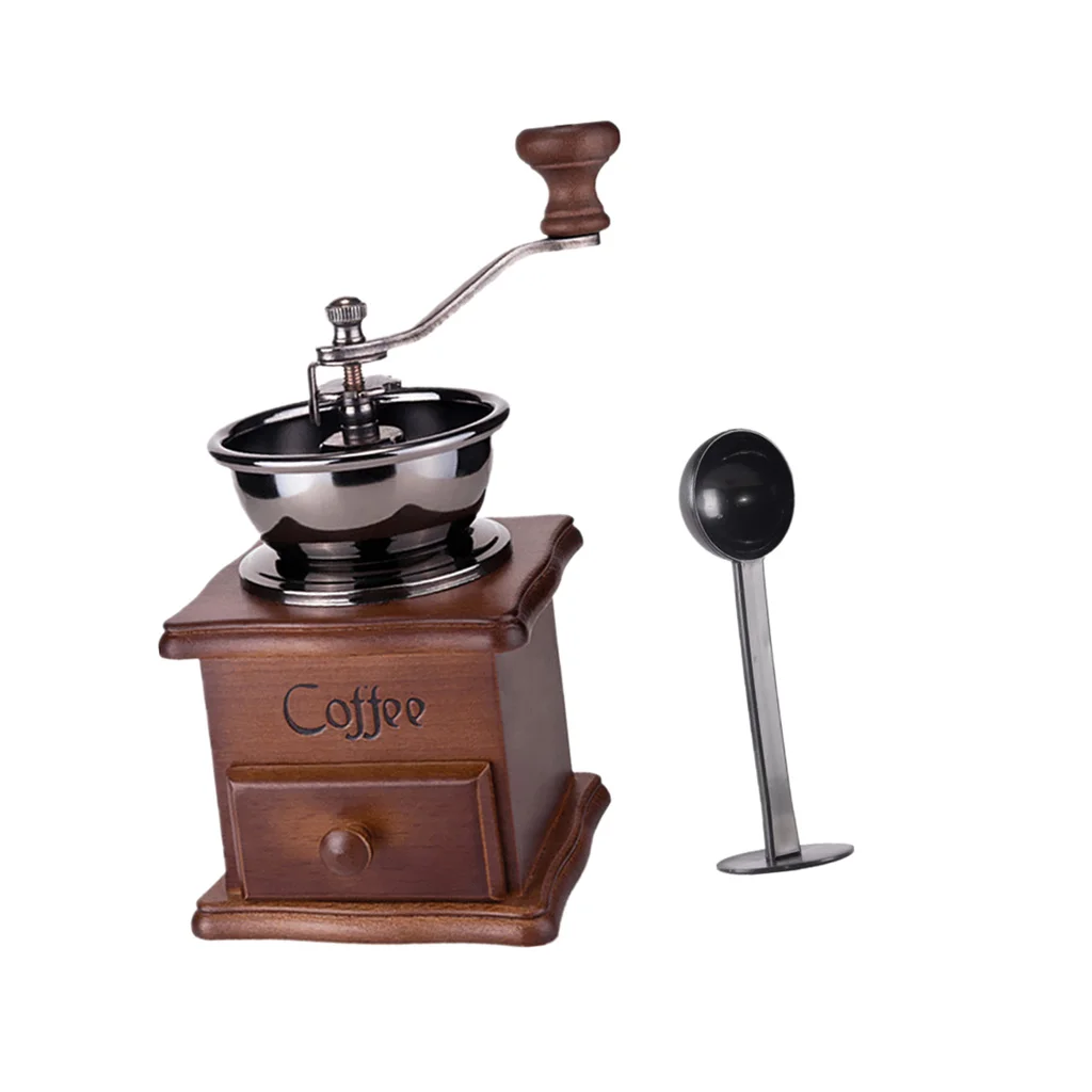 Antique Coffee Grinder Mill Manual Hand Made Wooden Bean Grinder And Spoon