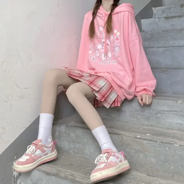 Deeptown Kawaii Hoodies Women Spring 2021 Korean Fashion Sweatshirts Cute Long Sleeve Print Tops Pink Oversized Pullover Ladies 5
