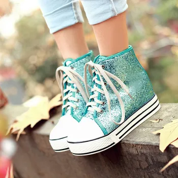 

US4-11 Womens Round Toe Squins Bling Glittel High Top Sneakers Spring&Winter Warm Styles Hidden Heel Lace Up Shoes 3Colors New