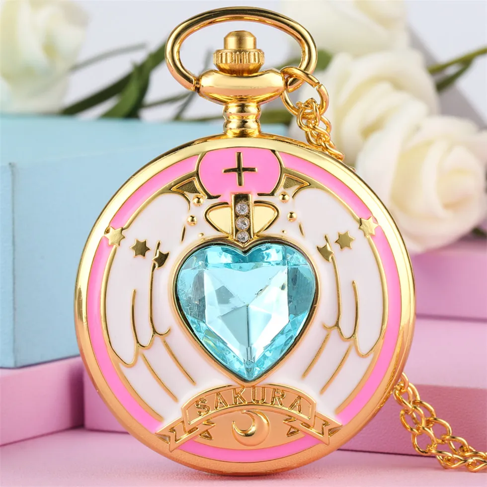 Милые карманные часы Cardcaptor Sakura Theme с зеленым сердцем крыльями ожерелья для