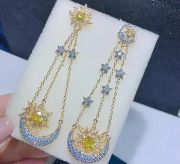 

Moon Star Blue Rhinestone Hand Design Tassels Middle Long Elegant Women Stud Earrings