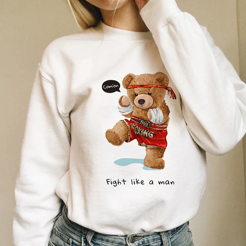 

Fashion Pullover Hoodie Sweatshirt Women Streetwear Vintage Bear Printing Casual O-Neck Warm Hoodies Plus Size Korean Clothes