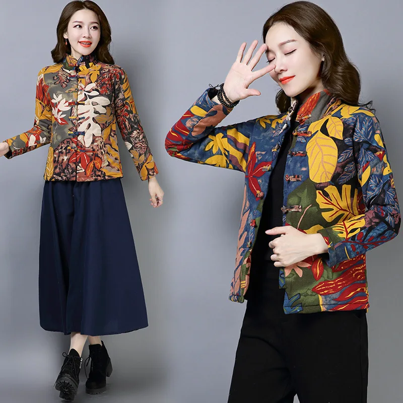 

Jl3726 @ Autumn And Winter Retro National Wind Cotton Coat Small Cotton-Padded Jacket Short Cotton Linen Printed Cotton-padded C