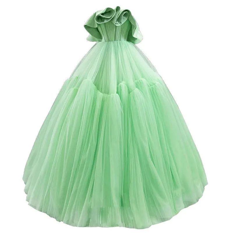 

Elegant High-End Sleeveless Backless Dancing Prom Ball Gowns Strapless Stain Ruffled Tulle Evening Formal Dress