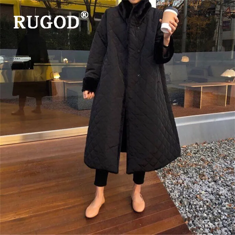 RUGOD New Winter Women Thick Cutton Coat Velvet Turn-down Collar Diamond Block Lattice Warm Long Jacket French Elegant Coat