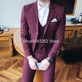 

Men's Wear Gentleman England Slim Fit Suit Suit Male Stripes Marriage Groom Suit Three-piece Set