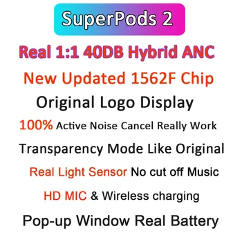 

SuperPods 2 TWS Wireless Bluetooth Earphones 1:1 With TEXT 100% Haybrid ANC Noise Cancellation Earbuds Light Sensor HD ANC MIC