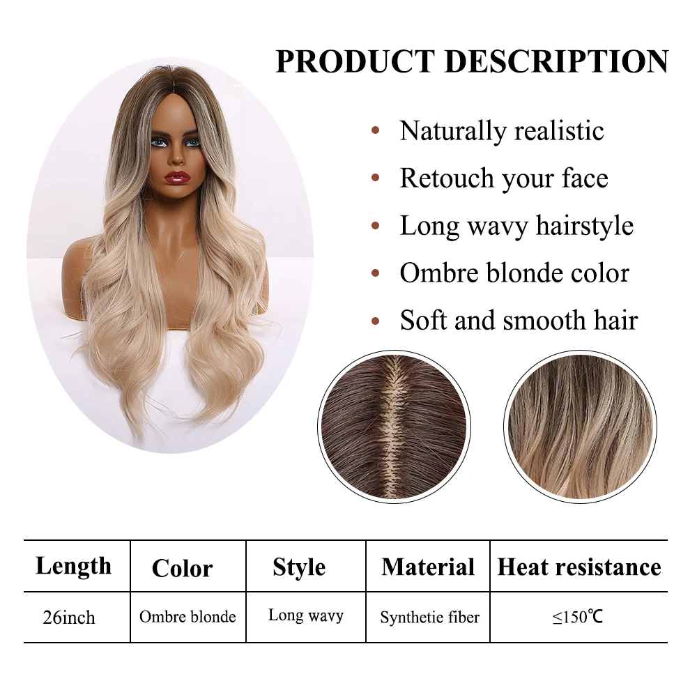 EASIHAIR Ombre Brown Light Blonde Platinum Long Wavy Middle Part Hair Wig Cosplay Natural Heat Resistant Synthetic Wig for Women image_2