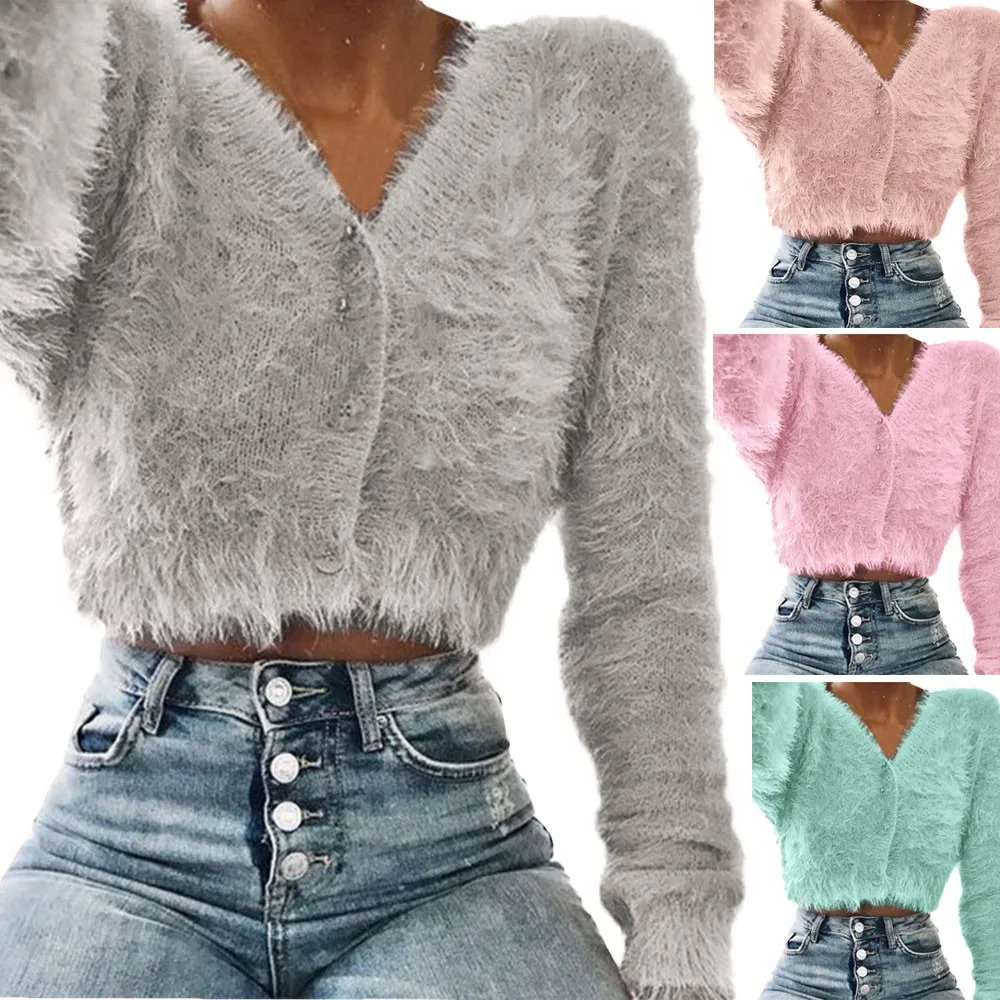 

feitong 2019 Autumn New Ladies Fashion V-neck Long Sleeve Furry Casual Sweater Crop Popular Women Tops Sexy Clothes #82150