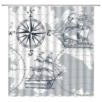 

Nautical Sailboat Map Shower Curtain, Panel Grey Boat Sketch Ship Wheel Compass Anchor Fabric Bathroom Decor Sets with 12