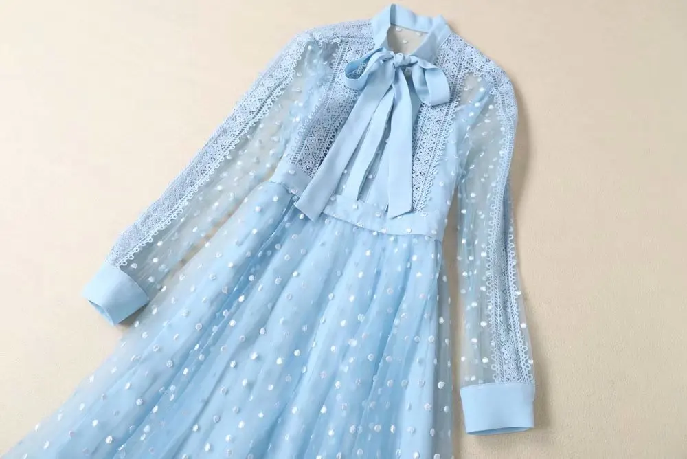 Высококачественное синее Сетчатое платье в горошек с вышивкой женское осеннее элегантное плиссированное платье миди с длинным рукавом и бантом платье для подиума