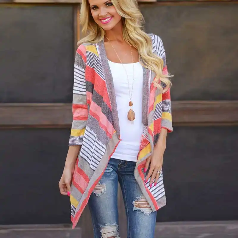 

2020 new hot style striped stitching three-quarter sleeve cardigan ladies jacket shawl irregular hem casual style hot spot