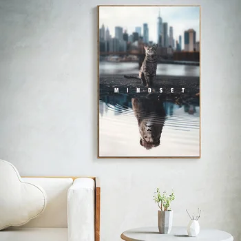 

HD Print Text Animal Canvas Painting Mindset Is Everything Motivational Cat Lion Canvas Art Picture for Living Room Home Decor