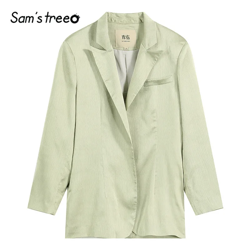 Samstree зеленый чистый элегантный сатиновый Блейзер Женская рабочая одежда пальто Осень корейский стиль свободная Офисная Женская верхняя одежда - Цвет: Mint  Green