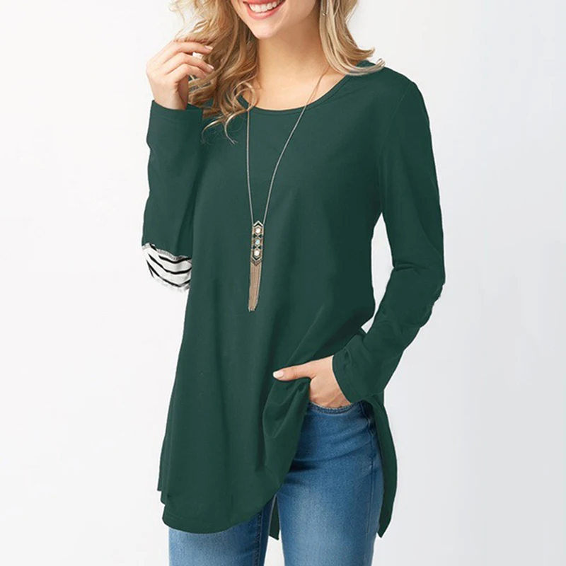 green GAOKE, футболки, женская футболка, модная повседневная футболка с круглым вырезом и длинным рукавом, лоскутные асимметричные топы, футболки - Цвет: green