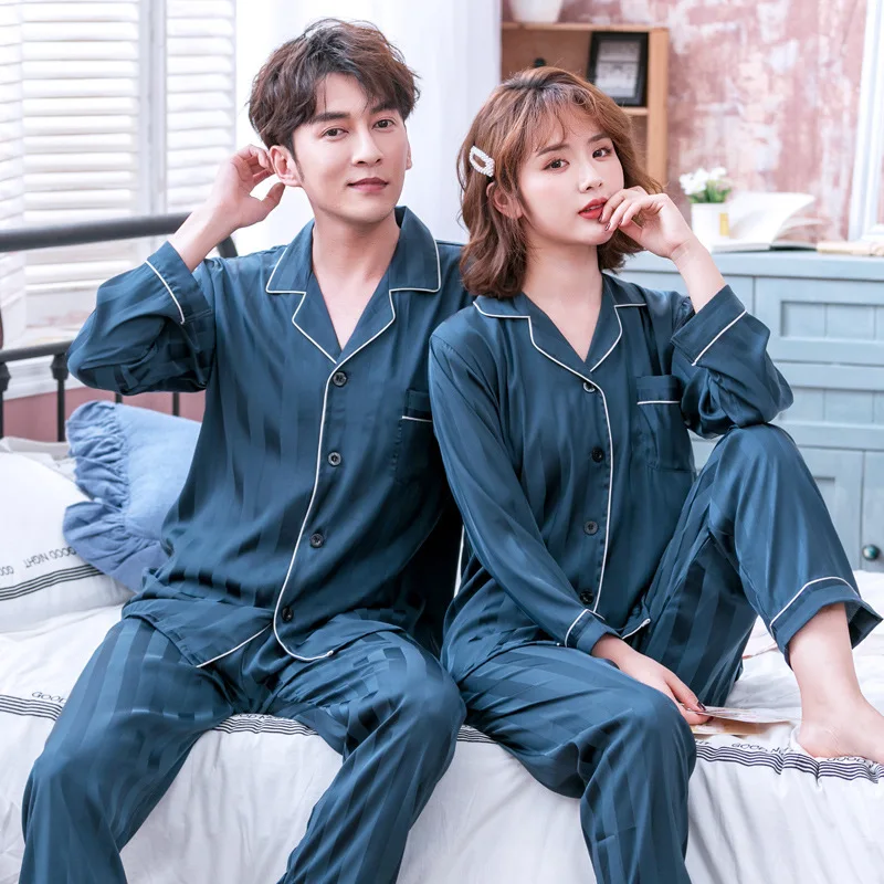 

Lovers Pajamas Set Sleepwear Satin Home Dressing Clothes Negligee Full Sleeve Turn-Down Collor Gown Solid Colour Nightgown