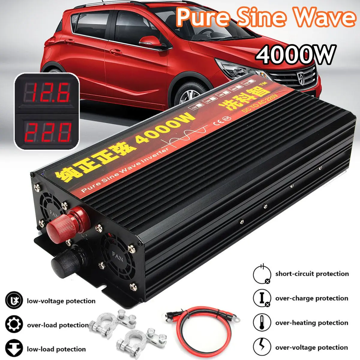 Inverter 12V/24V 220V 2000/3000/4000W Voltage transformer Pure Sine Wave Power Inverter DC12V to AC 220V Converter+2 LED Display