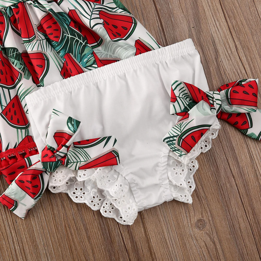 Новинка года; топы с кисточками и принтом арбуза для маленьких девочек+ шорты с бантиком+ повязка на голову; комплект одежды из 3 предметов