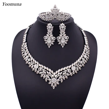 

African Bridal Jewelry Sets Silver Plated Women Wedding Party Jewelry Set Crystal Statement Choker Necklace Earrings Set