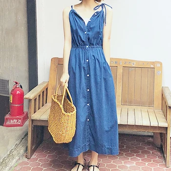 

Denim Women Blue Dress High Waist Korean 2020 Summer Casual Korean A Line Female Long Maxi Dresses Robe Femme Vestiods