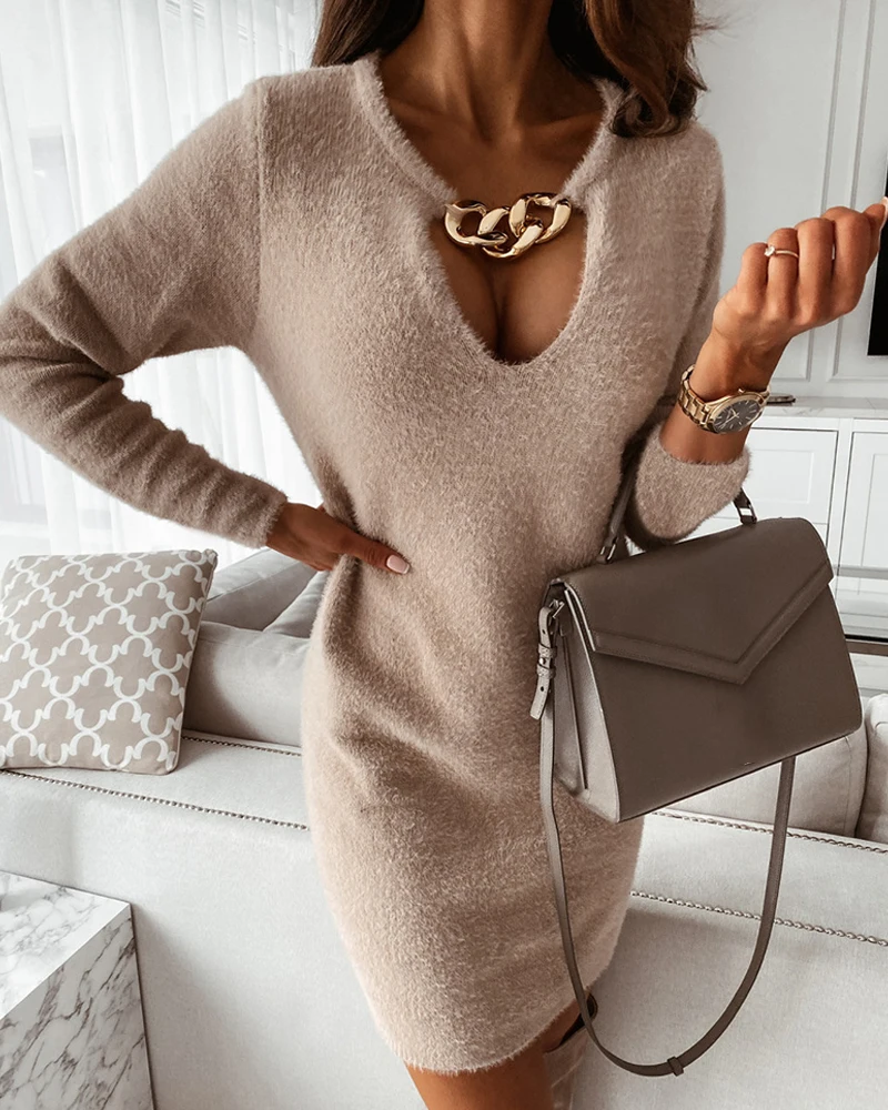 

2020 Autumn Winter Women Warm Elegant Fluffy Chain Decor Long Sleeve Sweater Dress Femme Robes Knitted Solid Casual Wear Vestido