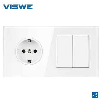 

VISWE EU Standard Home Improvement Wall Power Socket 2gang2way Button Switch Socket Crystal Glass Panel 16A 220V 82*153*3mm
