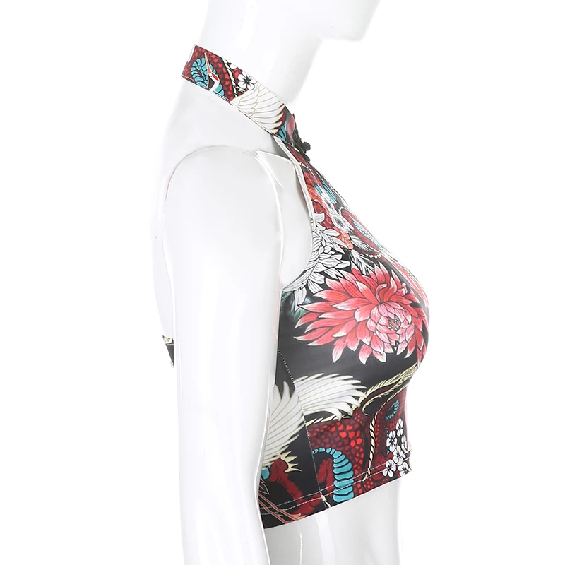 Women's Chinese Style Backless Dragon Printed Summer Halter Tank