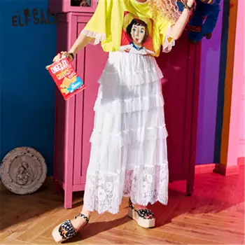 

ELFSACK White Solid Contrast Lace Casual Women Skirt 2020 Autumn ELF High Elastic Waist Multi-Layer Korean Girly Daily Skirts