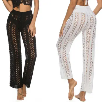 

Women Summer Beach Knitted Hollow Out Pants See Through Mesh Crochet Flare Pant Sexy Bodycon Party Trousers