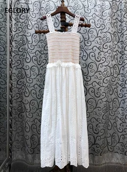 

2020 Summer Fashion Strap Long Dress High Quality Women Color Block Stitching Hollow Out Embroidery Sleeveless White Maxi Dress