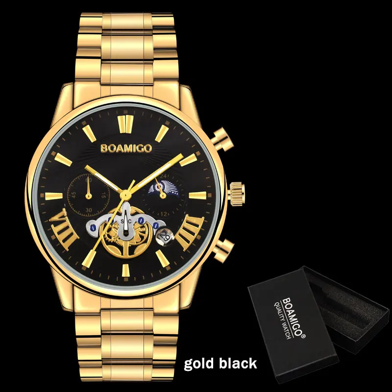 BOAMIGO, мужские часы, Топ бренд, Роскошные, водонепроницаемые, модные, кварцевые, бизнес, мужские часы, часы, повседневные, механические, турбийон, Wist часы - Цвет: F933Agoldblackbox