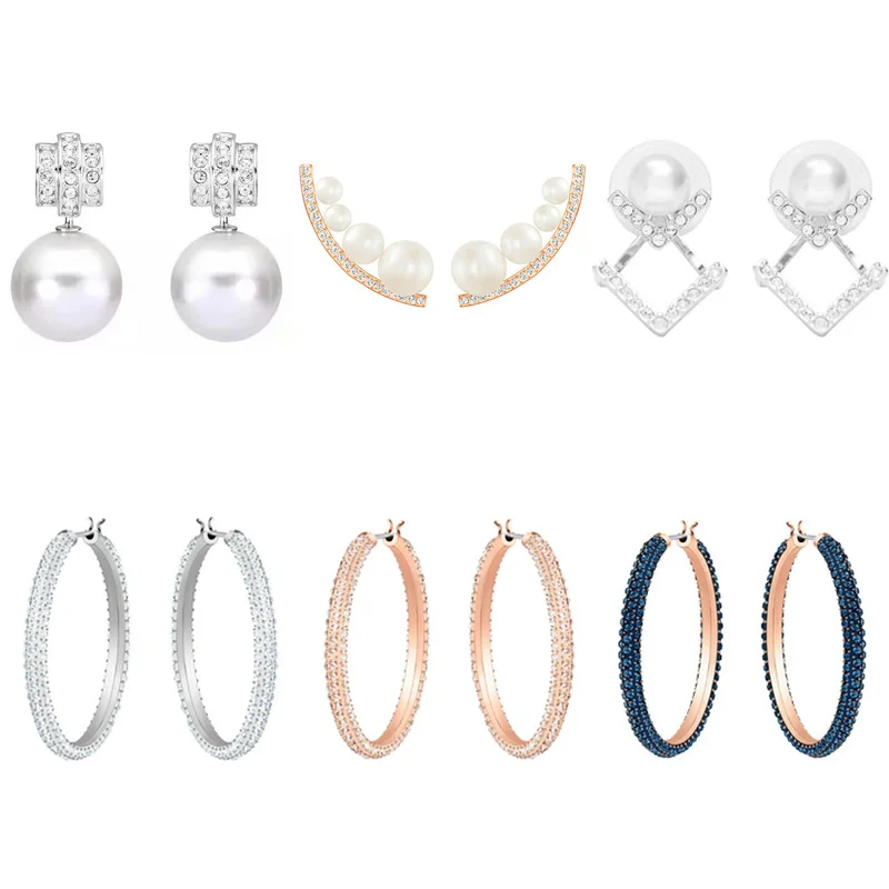 

925 Sterling Silver High Quality Swa Original 1:1 Series V-shaped Pea Round Large Circle Pearl Mosaic Crystal Earrings Jewelry