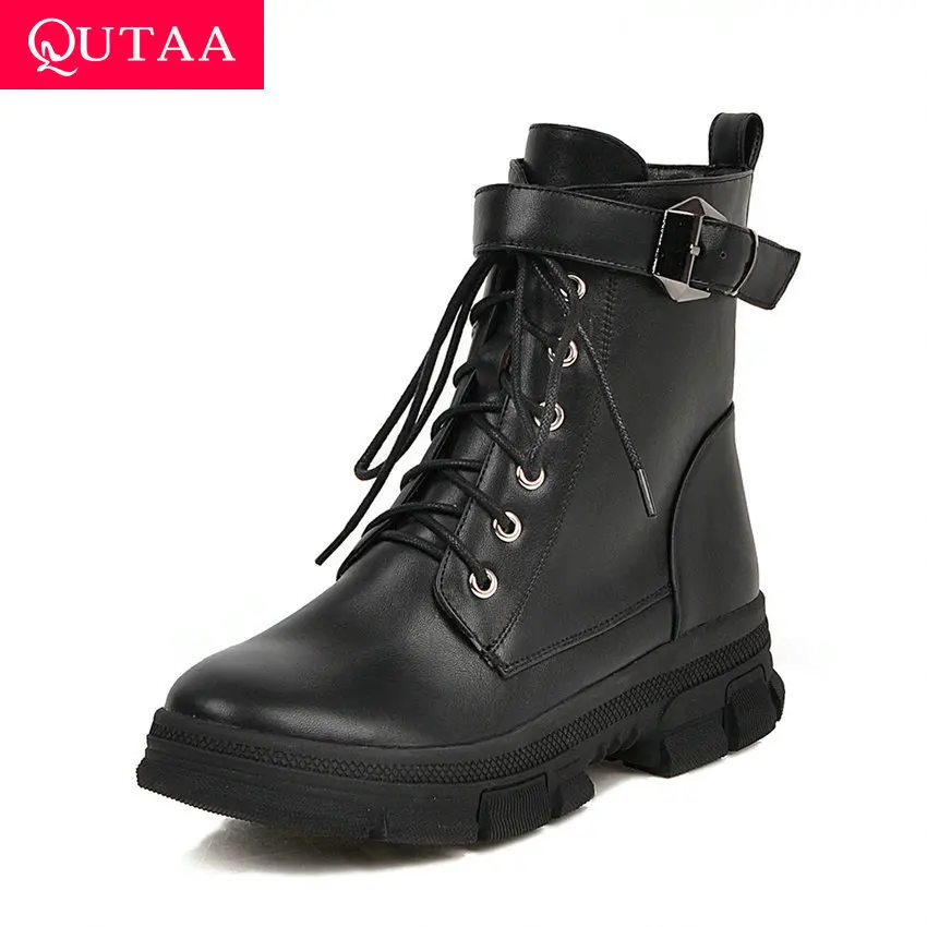 Skup QUTAA 2020 kobiety połowy łydki buty okrągłe Toe moda klamra koronki zamek błyskawiczny damskie buty PU skórzane krótkie kozaczki na platformie rozmiar 34  43