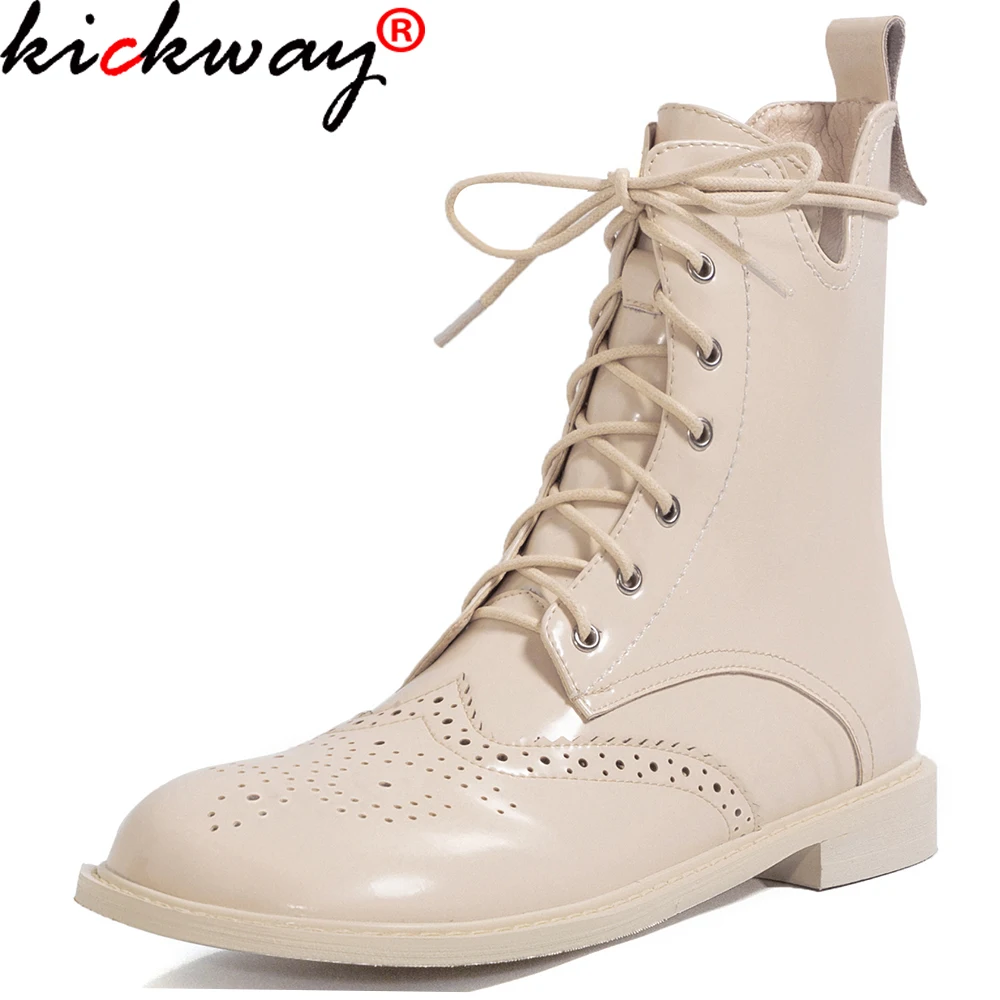 

Kickway 2020 New arrival classic women brand boots genuine leather ankle boots Flat Heel Big Round toe ladies shoes black white