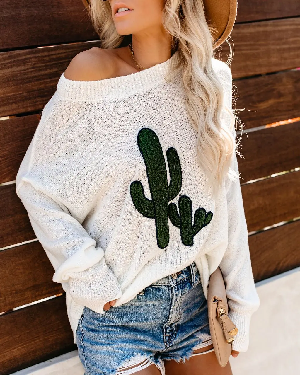 

Off The Shoulder Sweater Women Long Sleeve Batwing Loose Knitted Sweaters Pullovers Thin Oversize Sexy Sweater Cactus Print