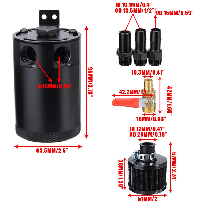 Mayitr 1set Aluminum 2-port Oil Catch Can Reservoir / Tank Universal Black With PCV/CCV Air Filter