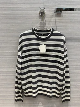 

Luxury Brand 85% Silk Thin Sweater Shirt 2020 Early Autumn Women New Simple All-match Striped Stitching Sequin Knit Tops Sweater