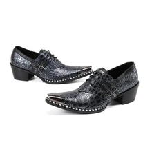 

Black Crocodile Pattern Leather Business Office Oxford Men Shoes Square Toe Lace Up High Heels