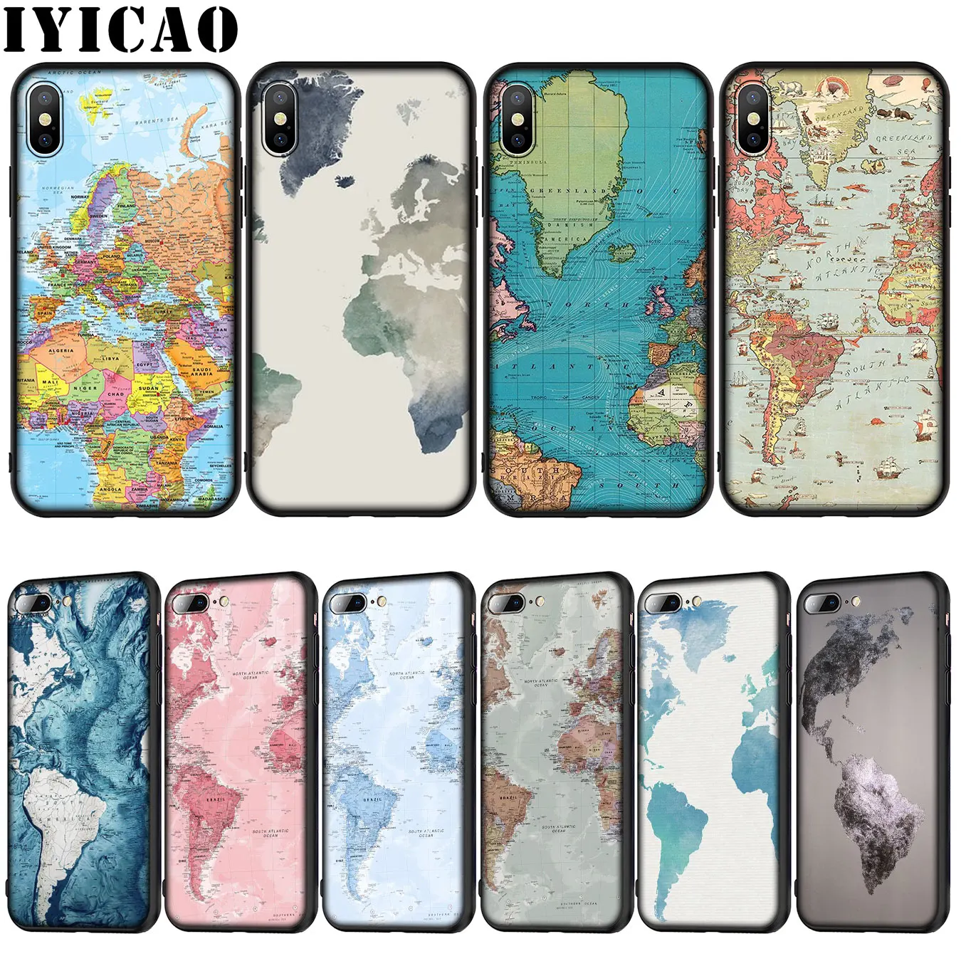 

IYICAO in the world map Soft Silicone Cover Case for iPhone XR X XS 11 Pro Max 10 6 6S 7 8 Plus 5 5S SE Phone Case