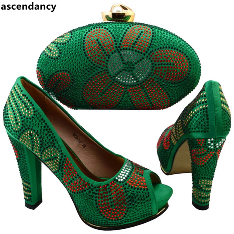 

New Arrival African Shoes and Matching Bags Set Italian Green Color Nigerian Party Shoe and Bag Sets Decorated with Rhinestone