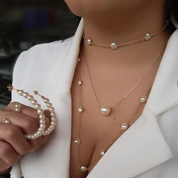 

Tocona Elegant Statement Pearl Stone Long Necklace Women Charm Gold Color Personality Choker Jewelry Gift bijouterie 9177
