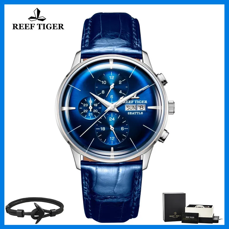 

Reef Tiger R/T Brown Leather Strap Date Dial Chronograph Top Luxury Mechanical Brand Business Waterproof Mens Watch Reloj Hombre