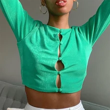 

Summer Green Crop Top Shirt Double Layers Buttons Indie 2021 New Party T-shirts Y2k Tops Women Casual Long Sleeve Short T Shirt