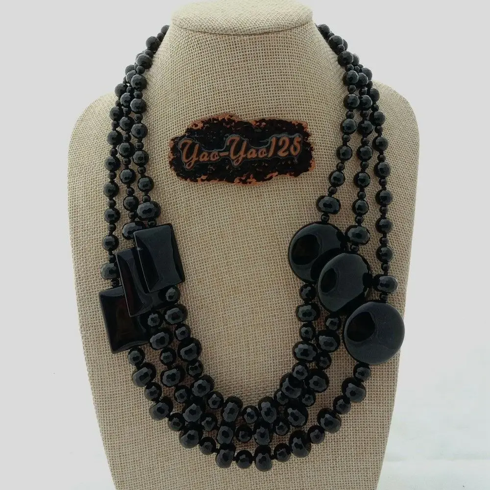 

21"-24'' 3 Rows Multi Shape Onyx Necklace