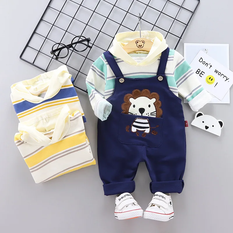 

2020 Fashion Spring And Autumn New Style Children Baby Stripes Men's Sweatshirts & Hoodies Cartoon Lion Suspender Pants Two-Piec