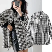 

Maxdutti England Style Boyfriend Tweed Jacket Women Coat Tops Vintage Plaid Oversize Boyfriend Blouse Women Long Shirt Women