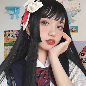 

HUAYA Synthetic 60cm Long Straight Cute Lolita Wig Princess Cut Bangs Wig for Girl's Lady Anime Black Cosplay Party Wig Hallowe