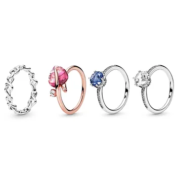 

925 Sterling Silver Ring Charms Fashion Defoliation Blue Transparent Crystal Finger Rings For Women Fine Jewelry Gift