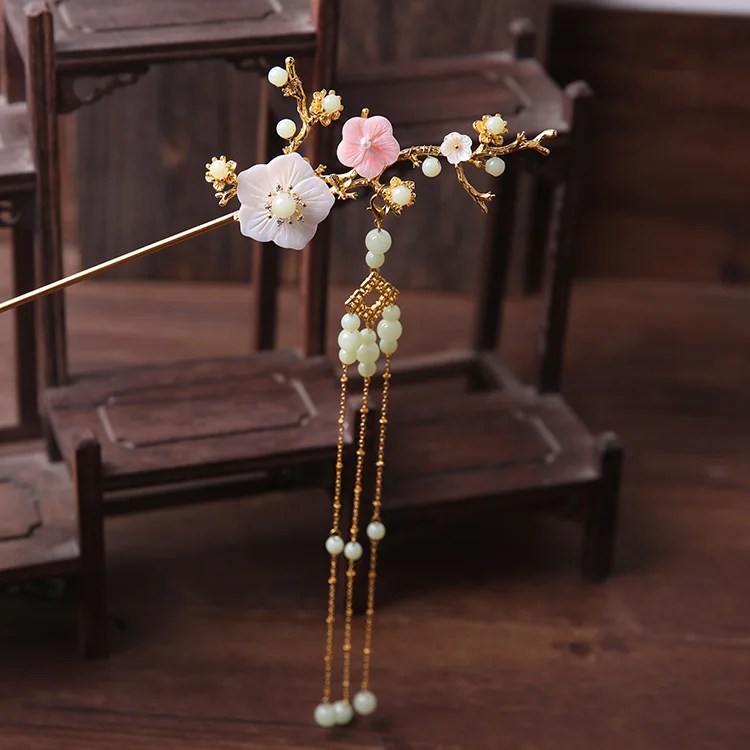 Gold shell A Костюм древности японский Hanfu Cheongsam Ancientry кисточка шпилька цветок Kanzashi Chignon kimonos украшения головной убор ручной работы - Цвет: Gold shell A